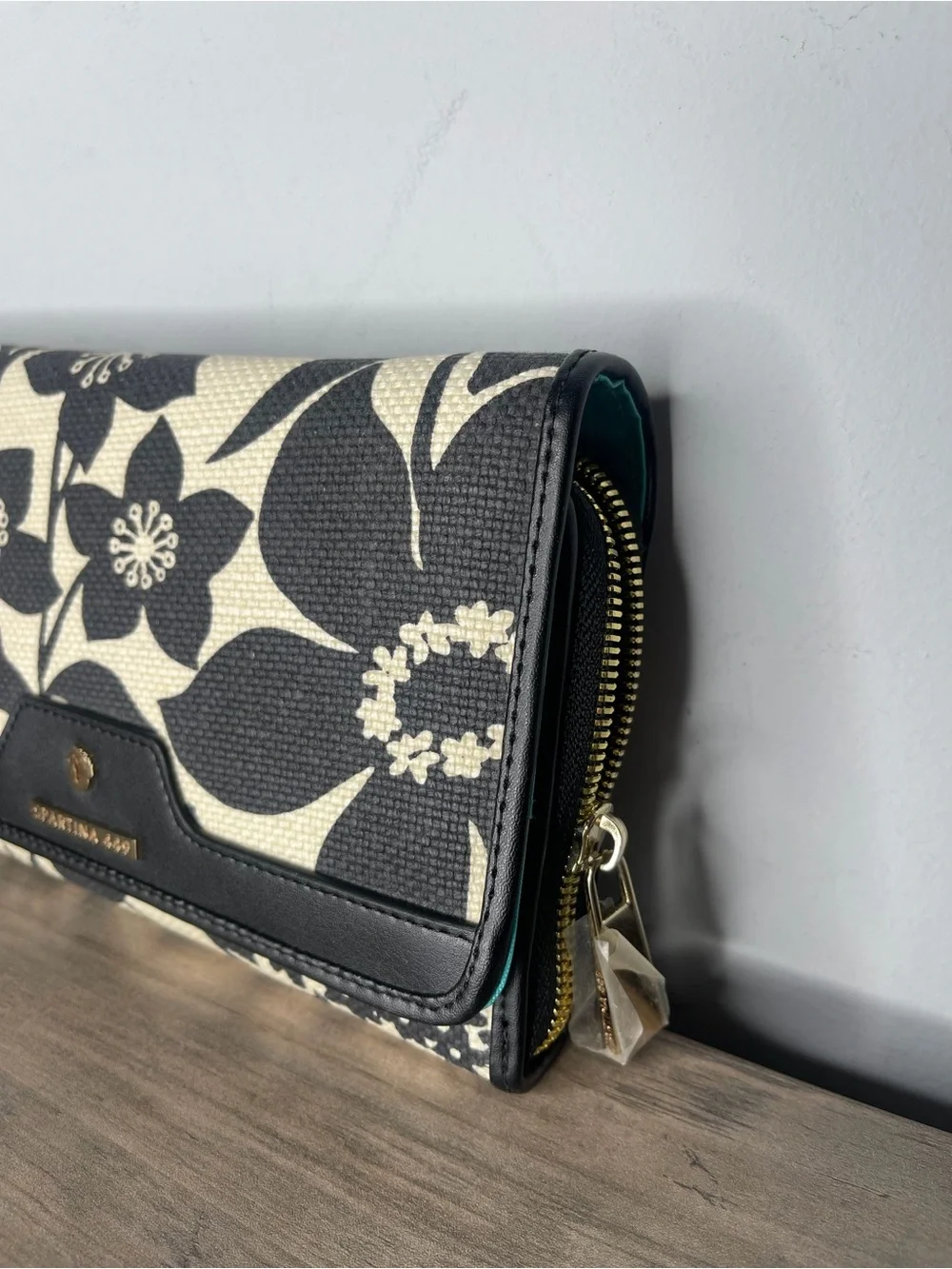 Spartina 449 snap wallet large floral linen leather black new
